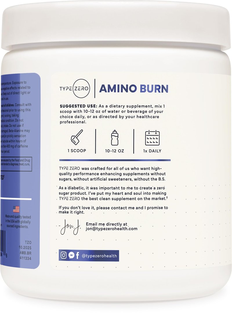 Type Zero Amino Burn - Vegan BCAA + Clean Pre Workout Powder with Arginine AKG, L-Citrulline & Beta Alanine - Amino Acid Clean Energy, Endurance & Hydration Supplement - Blue Raspberry, 30 Servings