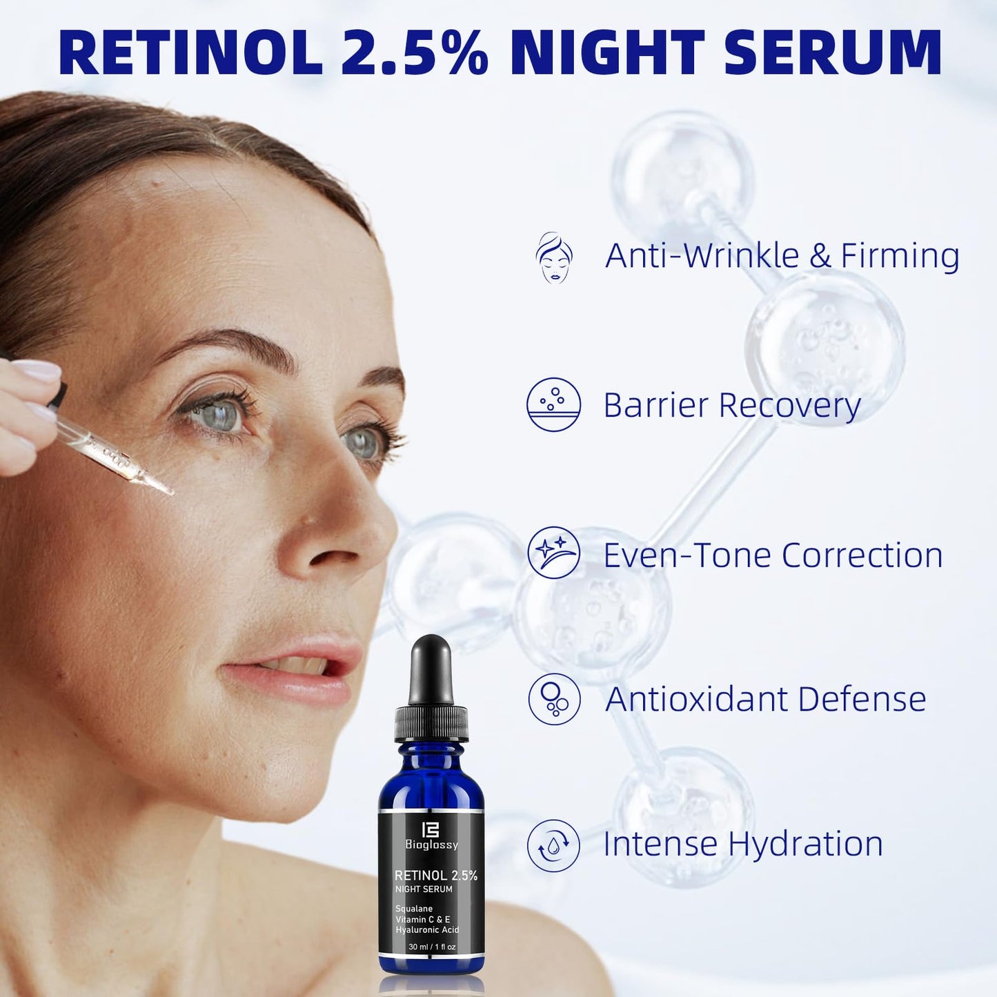 Bioglossy Retinol Serum for Face, 2.5% Retinol Intense Night Serum with Squalane,Vitamin C & E & B3,Hyaluronic Acid for Lines, Wrinkles & Premature Sun Damage to Resurface & Hydrate 30 ml/ 1 Fl oz