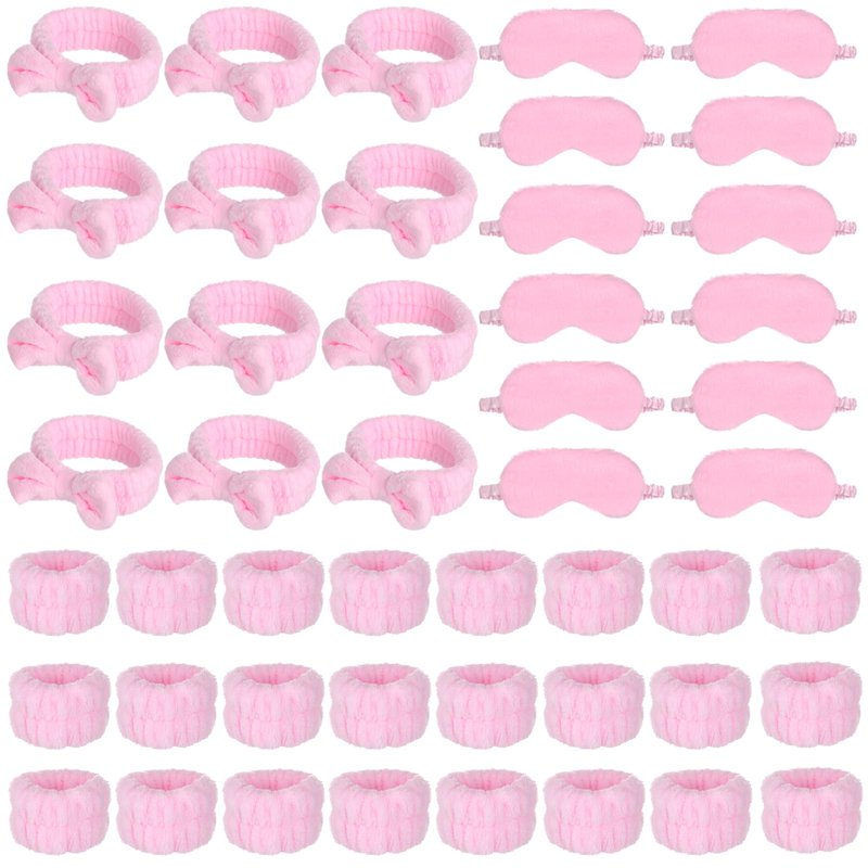 Lnrueg 48Pcs SPA Kit-12Pcs Spa Headband Bow + 24 Wrist Washband + 12 Sleep Eye Masks, Pink Party Supplies for Girls Women Birthday Sleepover Party Favors