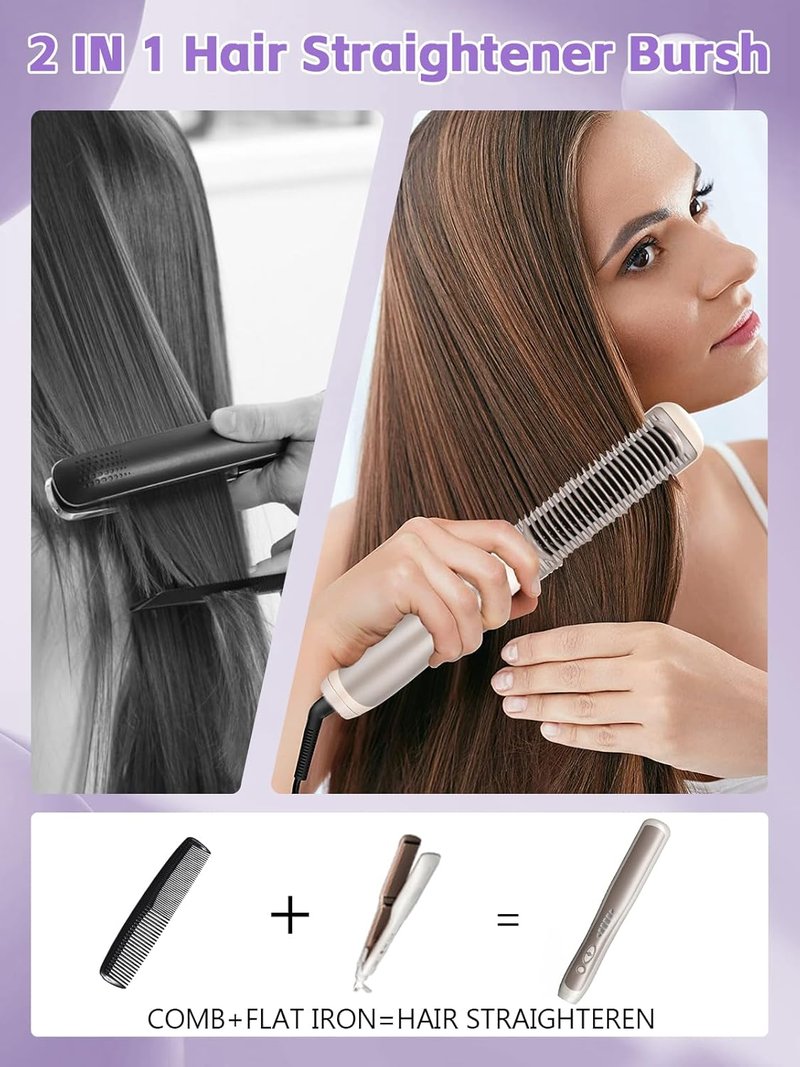 Hair Straightener Brush - Fast Heating Ceramic Straightening Tool for All Hair Types | Anti-Scald Design, Perfect for At-Home Styling