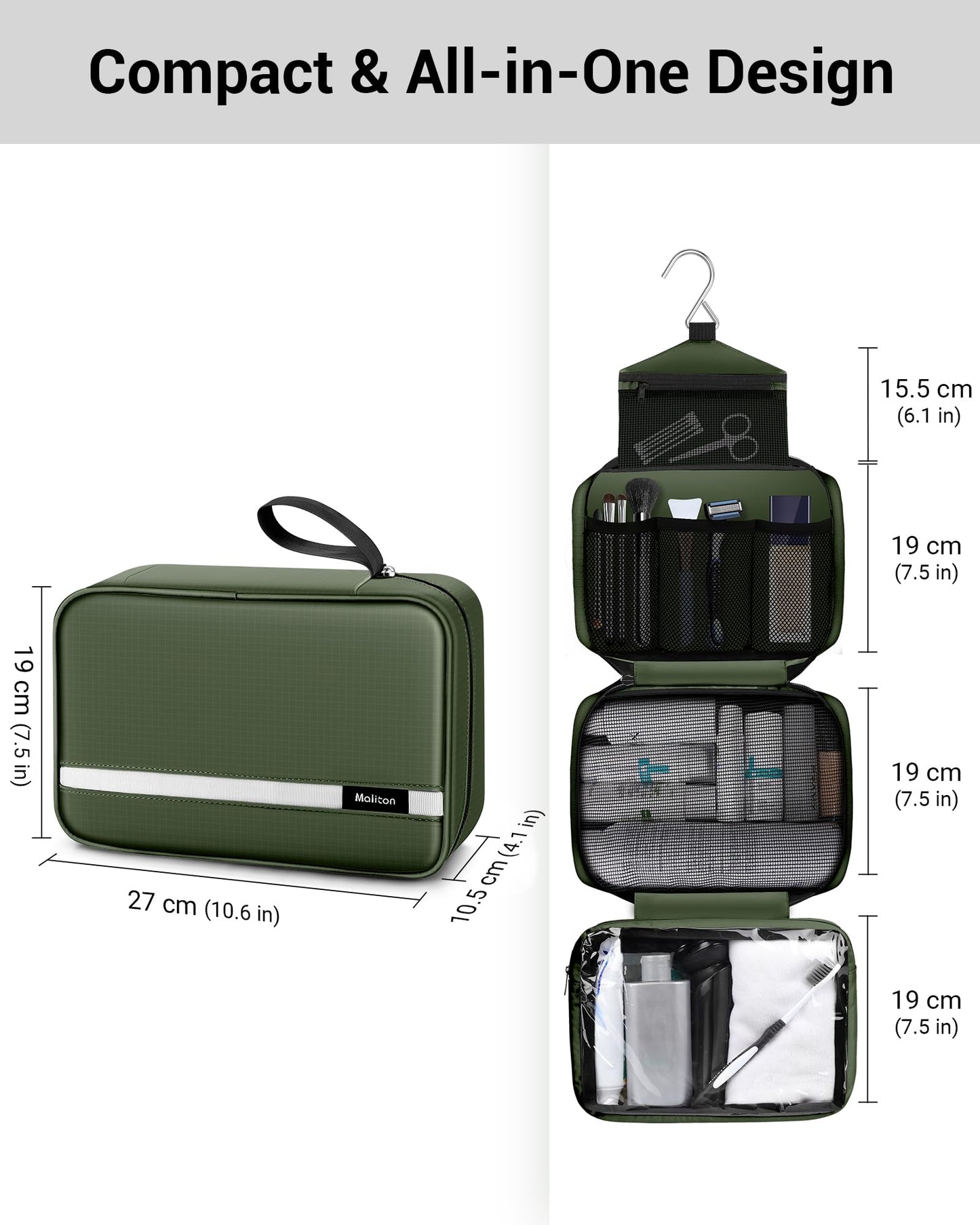 Maliton Toiletry Bag for Men & Women Travel Toiletry Bag Hanging Toiletry Bag Hygiene Organizer with 4 Compartments Waterproof Bathroom Shower Bag Large Toiletries Travel Bag (Olive Green)