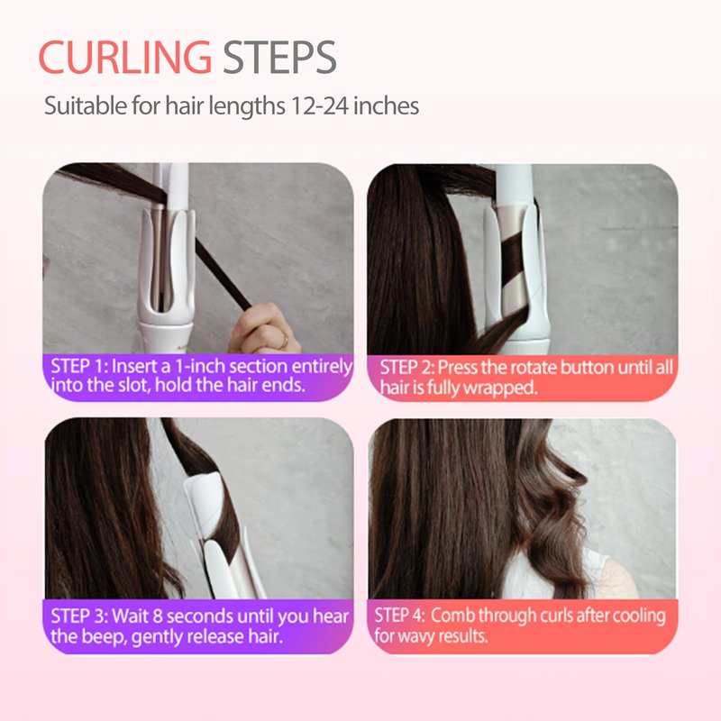 Automatic Hair Culer, Auto Rotating Curling Iron for Long Hair Safe and Easy for Kids/Beginners, 8-Second Timer, Ceramic Curling Wand, 1.25 Inch, Dual Voltage, White