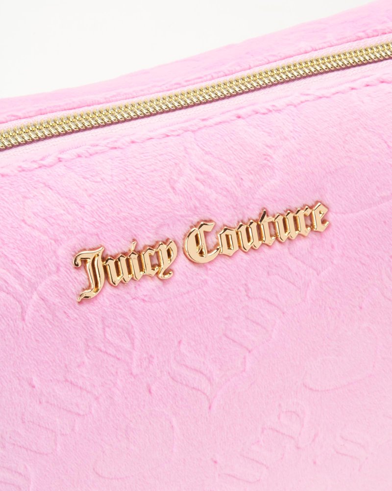 Juicy Couture Pink Makeup Bag Cosmetics Organizer Travel Essentials Zip Top Wedge Velour Heart