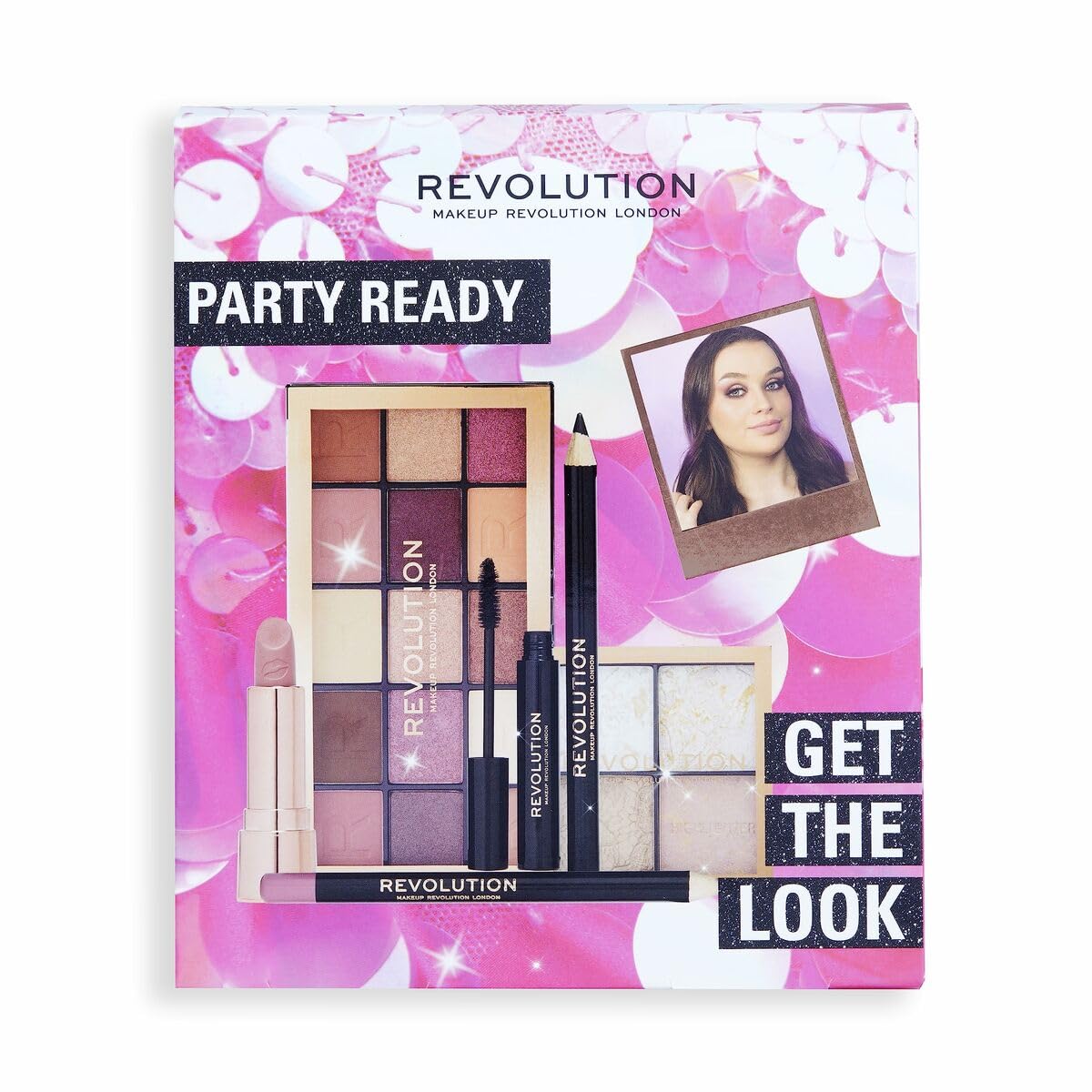 Makeup Revolution Get The Look Gift Set - Party-Ready Eye Palette, Eyeliner, Lipstick, Mascara & Highlighter | Various Shades