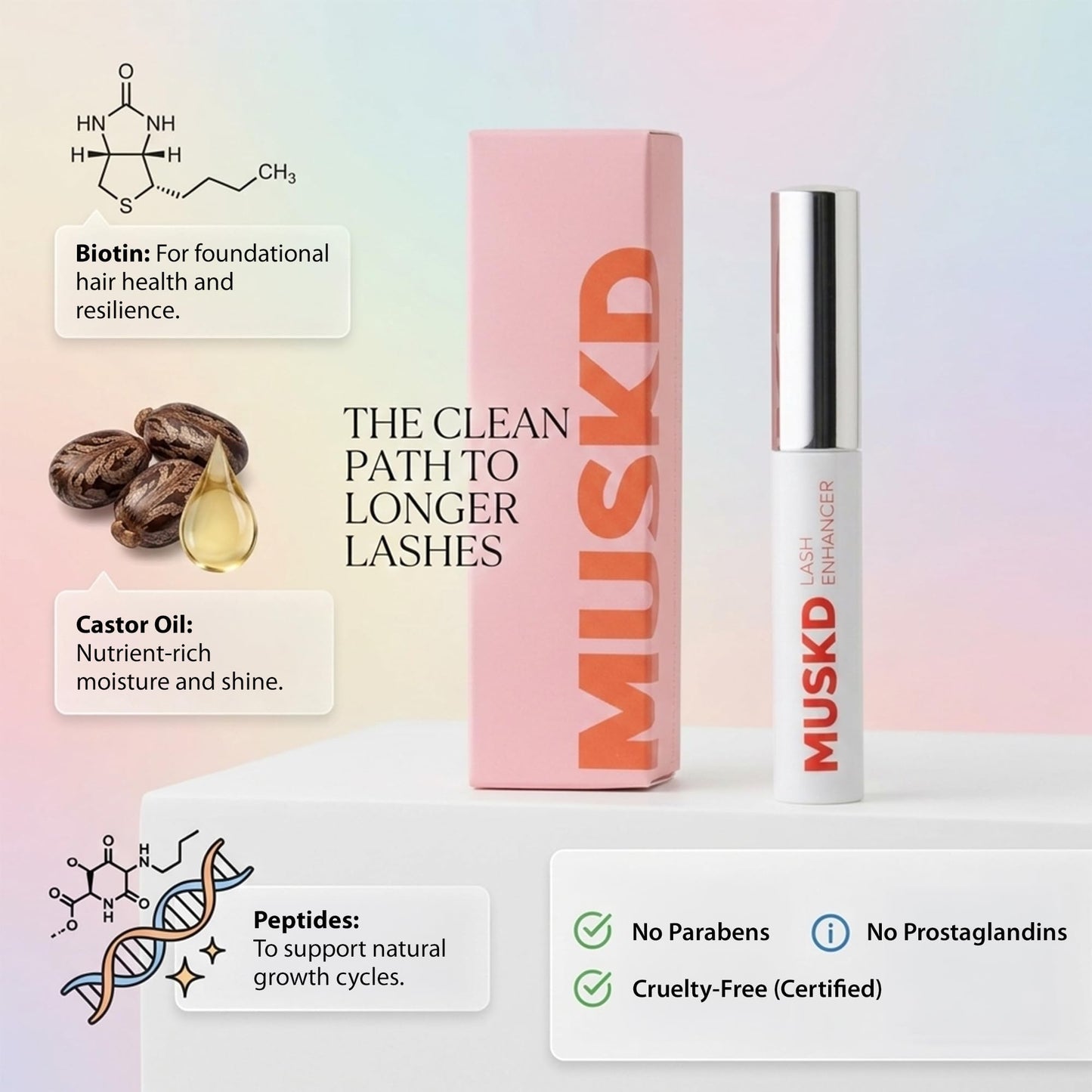 MUSKD Eyelash Growth Serum - Lash Enhancer for Longer, Thicker, Fuller Lashes & Brows - Natural, Vegan & Cruelty-Free Eyelash Serum for Lash & Brow Growth, Gentle Formula (3 ML)