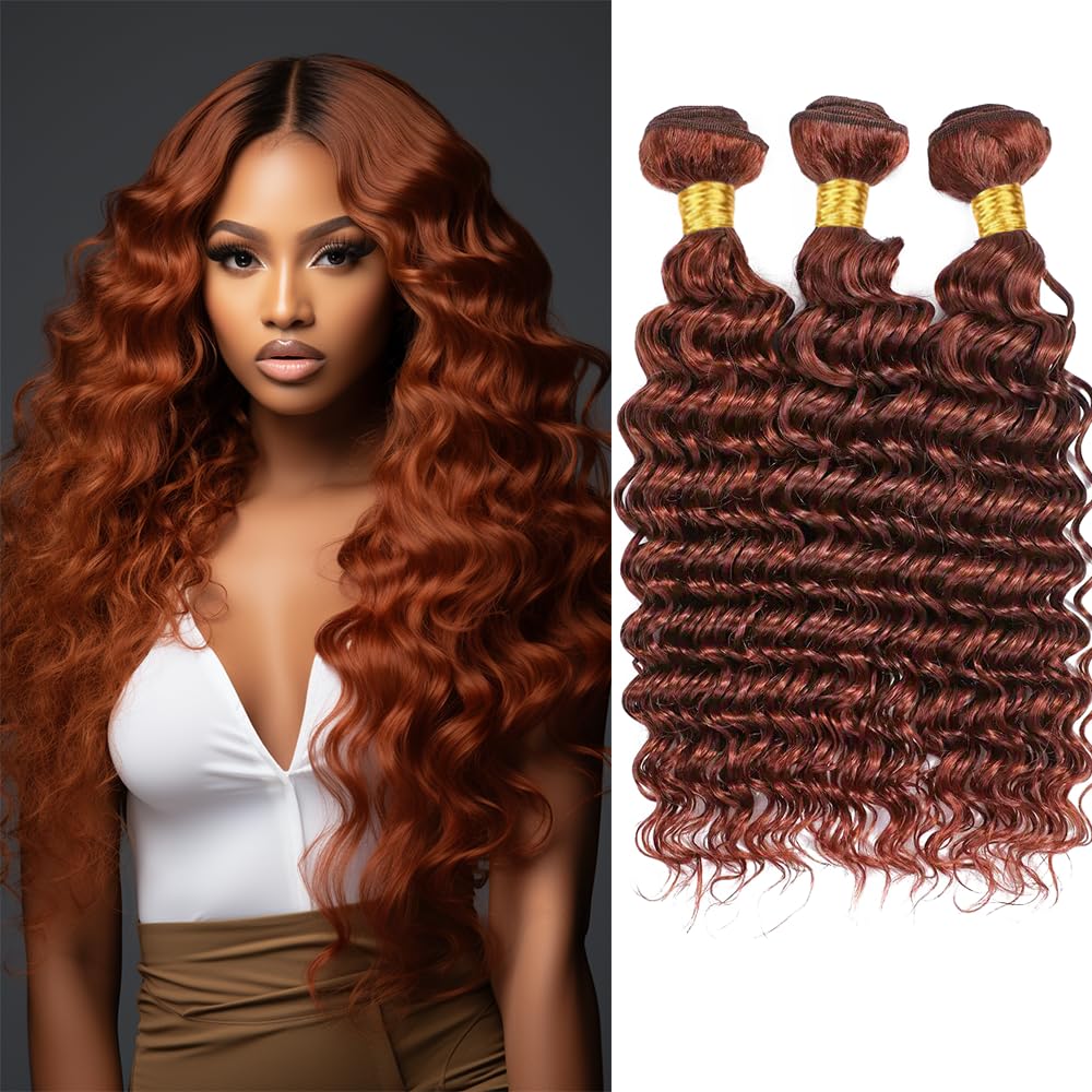 Niciitysi Color 33 Human Hair Reddish Brown Deep Wave Bundles 8 10 12 inch Double Weft Brazilian Copper Red Hair Extensions Auburn Deep Curly Bundles Silky Soft for Women