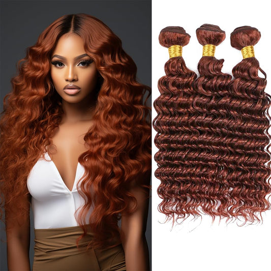 Niciitysi Color 33 Human Hair Reddish Brown Deep Wave Bundles 8 10 12 inch Double Weft Brazilian Copper Red Hair Extensions Auburn Deep Curly Bundles Silky Soft for Women