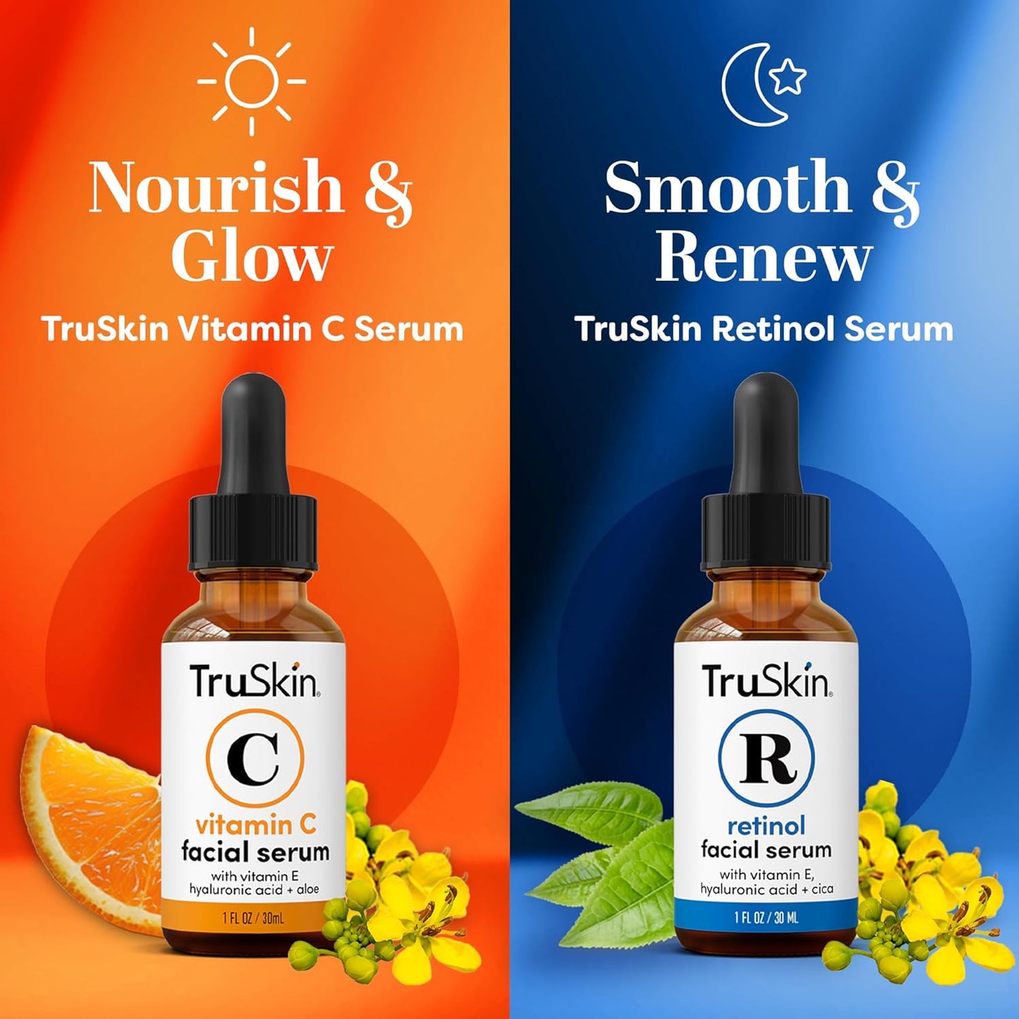 TruSkin Face Serum Duo - Vitamin C & Retinol Anti-Aging Skincare - Brightening & Smoothing | 1 fl oz Each