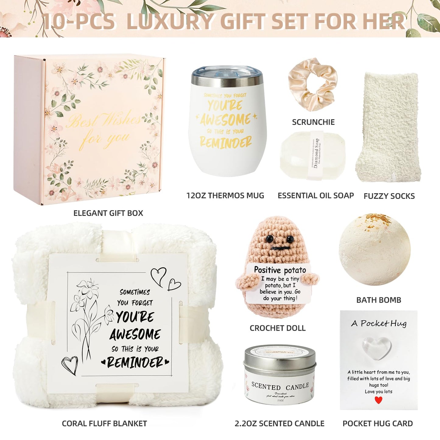 Self Care Gift Basket for Women, Luxury Spa Gift Basket with Blanket, Vanilla Coconut Self Care Set, Friendship Birthday Box for Mom, Sister, Wife, Best Friend, Coworker(White)