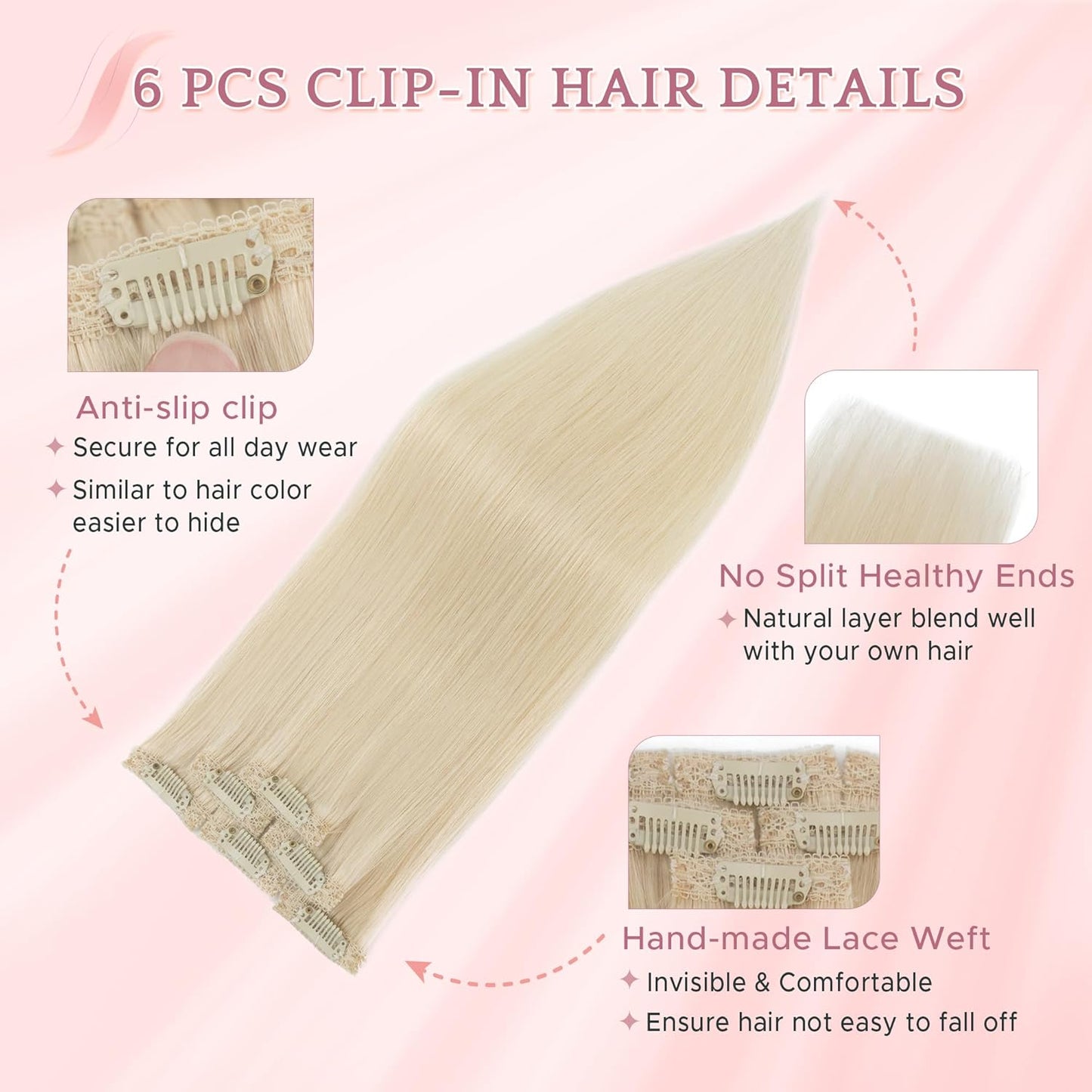 Real Human Hair Clip-In Extensions - 6 Pcs Remy Straight Seamless Hairpieces | 14 Inch #60 Platinum Blonde