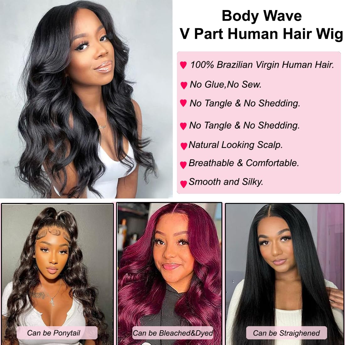 draconenee V Part Wig Human Hair 12 inch Upgrade U Part Wigs Body Wave for Black Women Beginner Friendly No Sew In and No Leave Out Glueless Brazilian Virgin Hair Wig Natural Black Color 180% Density