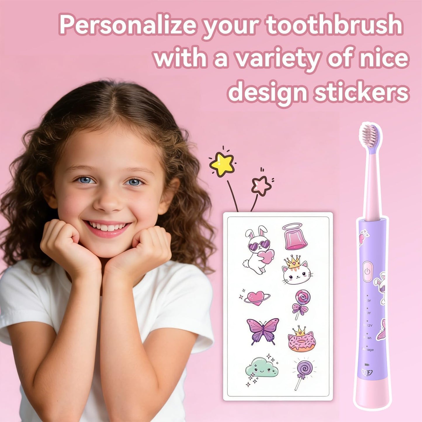 Rechargeable Electric Toothbrush for Kids | 5 Gentle Modes, Safe for Sensitive Teeth - Includes Fun DIY Stickers & 4 Soft Brush Heads