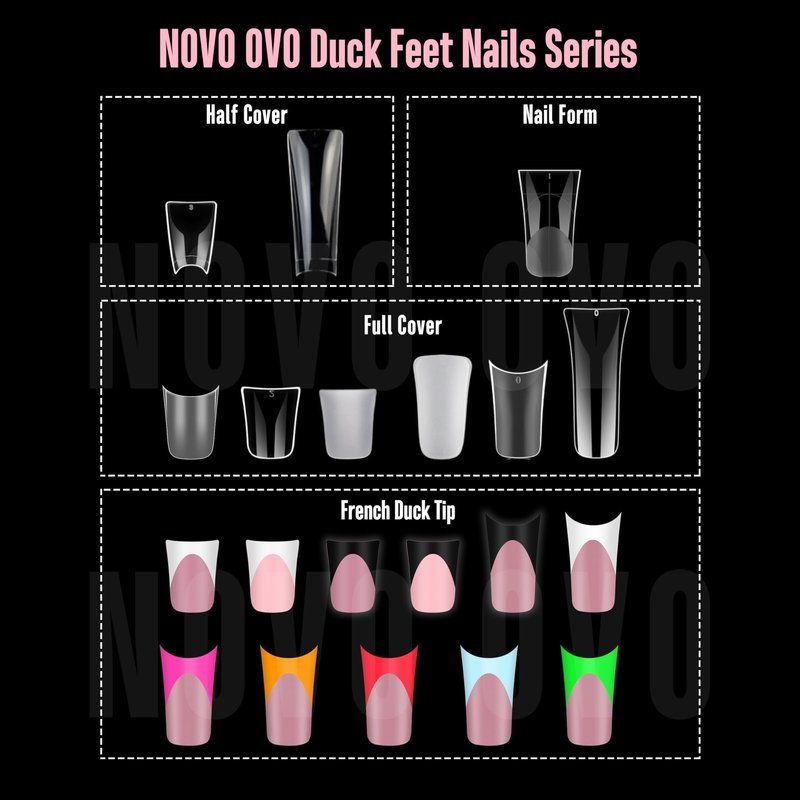 NOVO OVO Halloween White French Tip Duck Feet Nail Tips BERRY PINK Full Cover Press on Acrylic with Moon Curve, Thick Medim Long Pre-Etched Matte Wide Soft Gel False Nail Extension x 15 Sizes 150 pcs