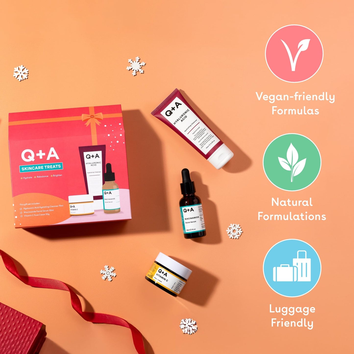Q+A Skincare Treats Gift Set, 3-Step Routine for Healthy, Radiant Skin, Hydrating Facial Cleanser (75ml), Niacinamide Serum (30ml) & Vitamin C Face Cream (50g), Stocking Stuffers
