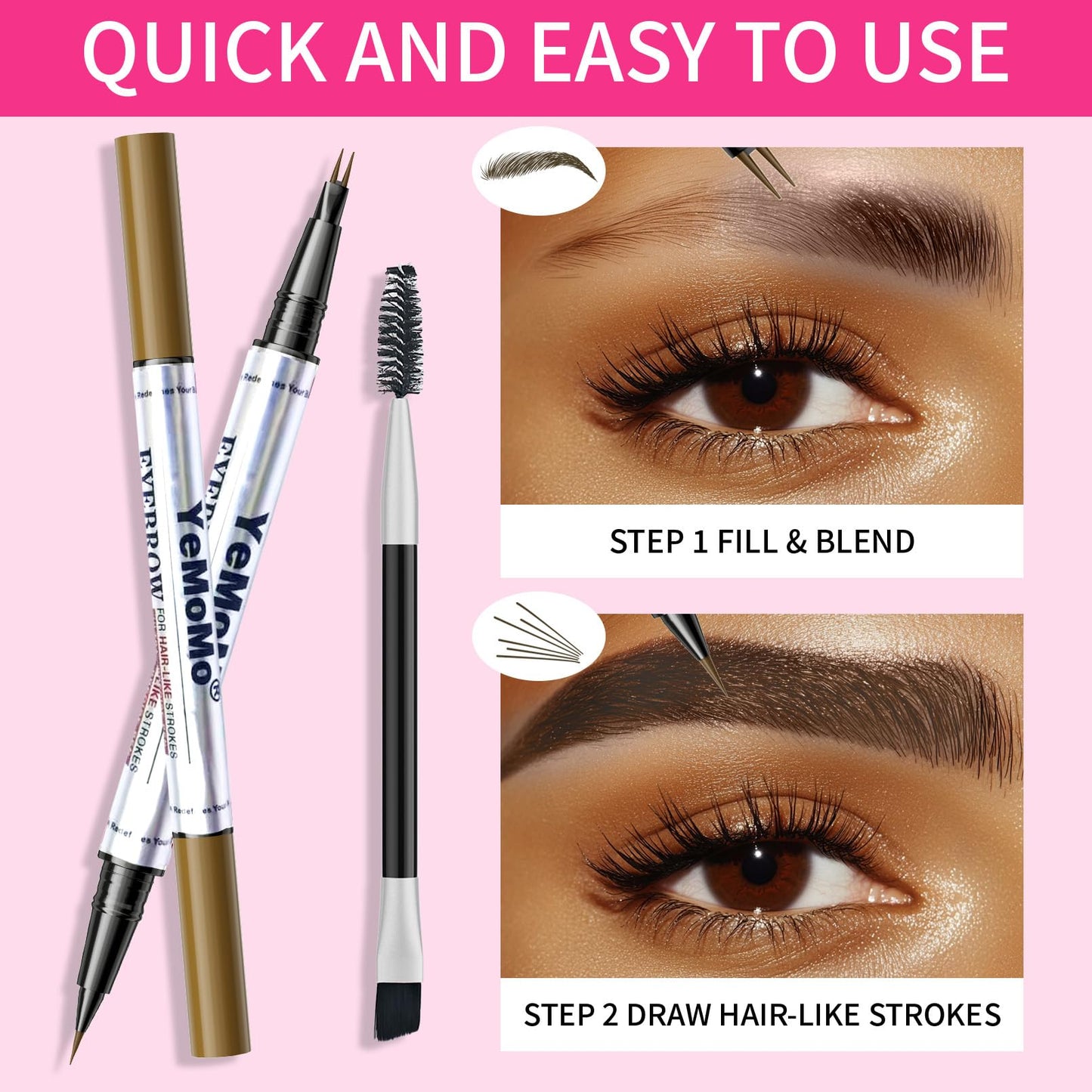 YeMoMo Dual-Tip Eyebrow Pencil, 2-in-1 Waterproof Brow Liner with Ultra-Fine Fork and Precision Tip, 5 Natural Shades from Light Brown to Black (3#Dark Brown)