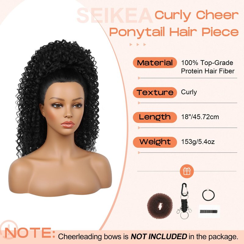 SEIKEA Cheer Ponytail Hair Piece, 100% Super Protein Fiber Curly Cheerleader Hairpiece Lightweight Fluffy Natural Soft 18" Ponytail Extension for Cheerleader Competition, Dance Mocha Melt