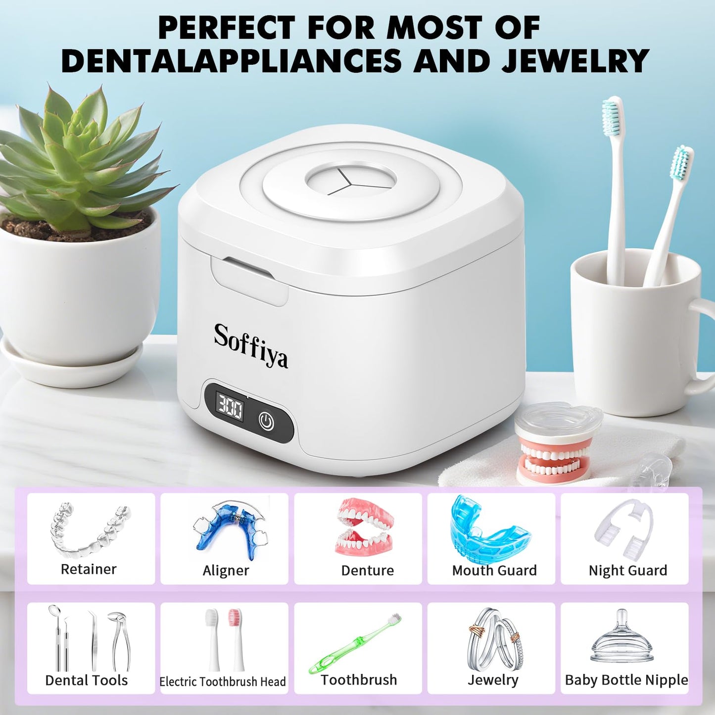 Dental Ultrasonic Retainer Cleaner Machine: Soffiya 49kHz Denture Cleaner with 350ML for Cleaning Dentures, Mouth Guards, Aligner, Braces, Toothbrush Head & Jewelry - UV Cleaner with 4 Digital Timers