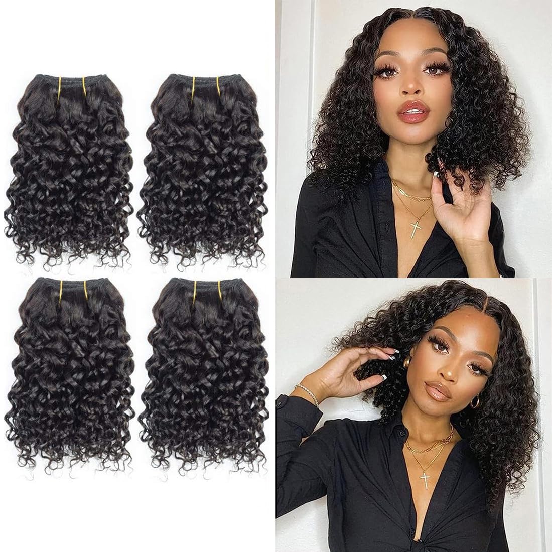 Curly Human Hair Bundles, 4 Pack Short Curly Hair Extensions, Natural Color, Brazilian Style, Soft & Full, 8 Inch Bundles