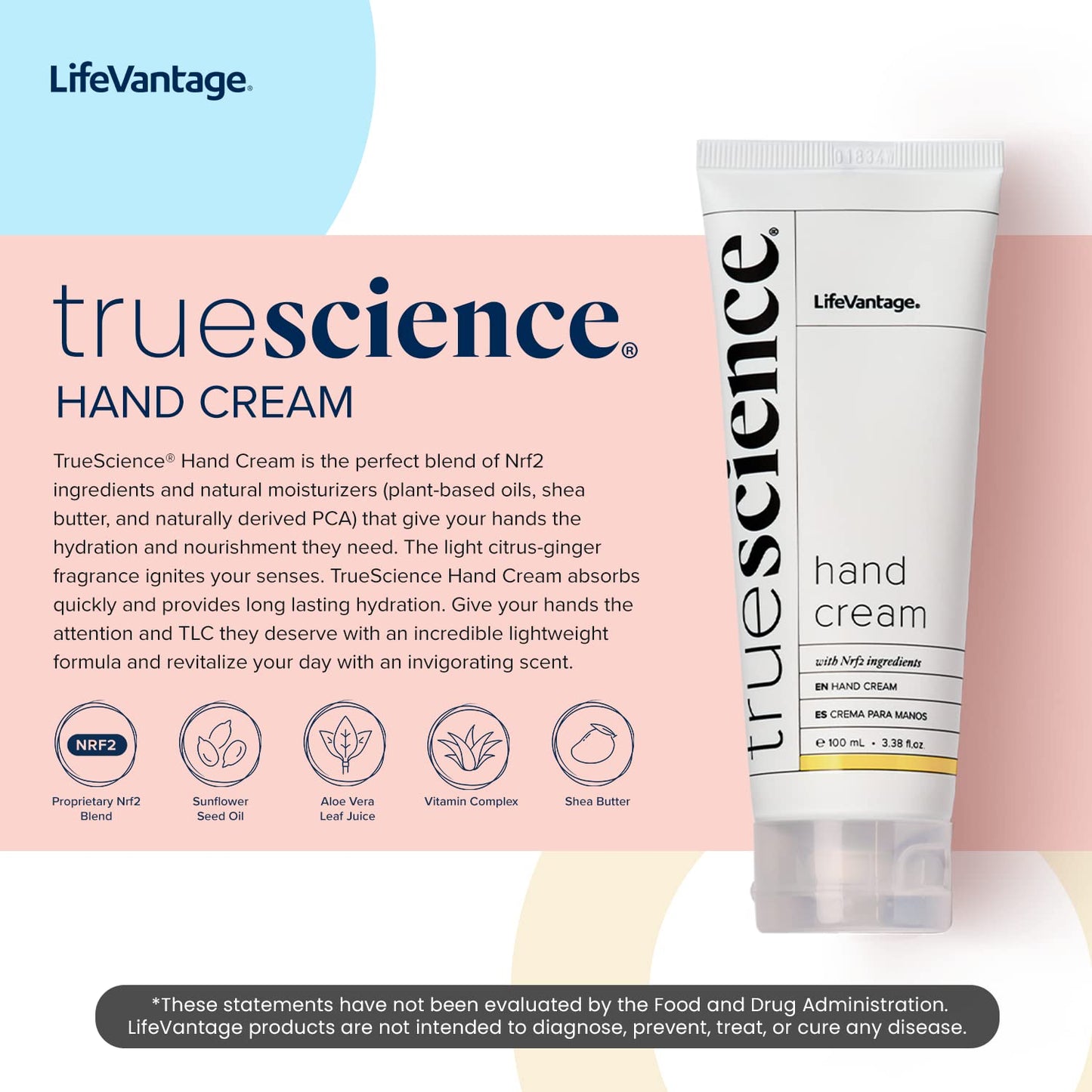 TrueScience Hand Cream (100ml) Nourishing Hydration for Dry Hands, with Shea Butter, Aloe Vera Juice, Sunflower Seed Oil, Vitamin Complex, and Nrf2 Actives in an Invigorating Citrus-Ginger Fragrance