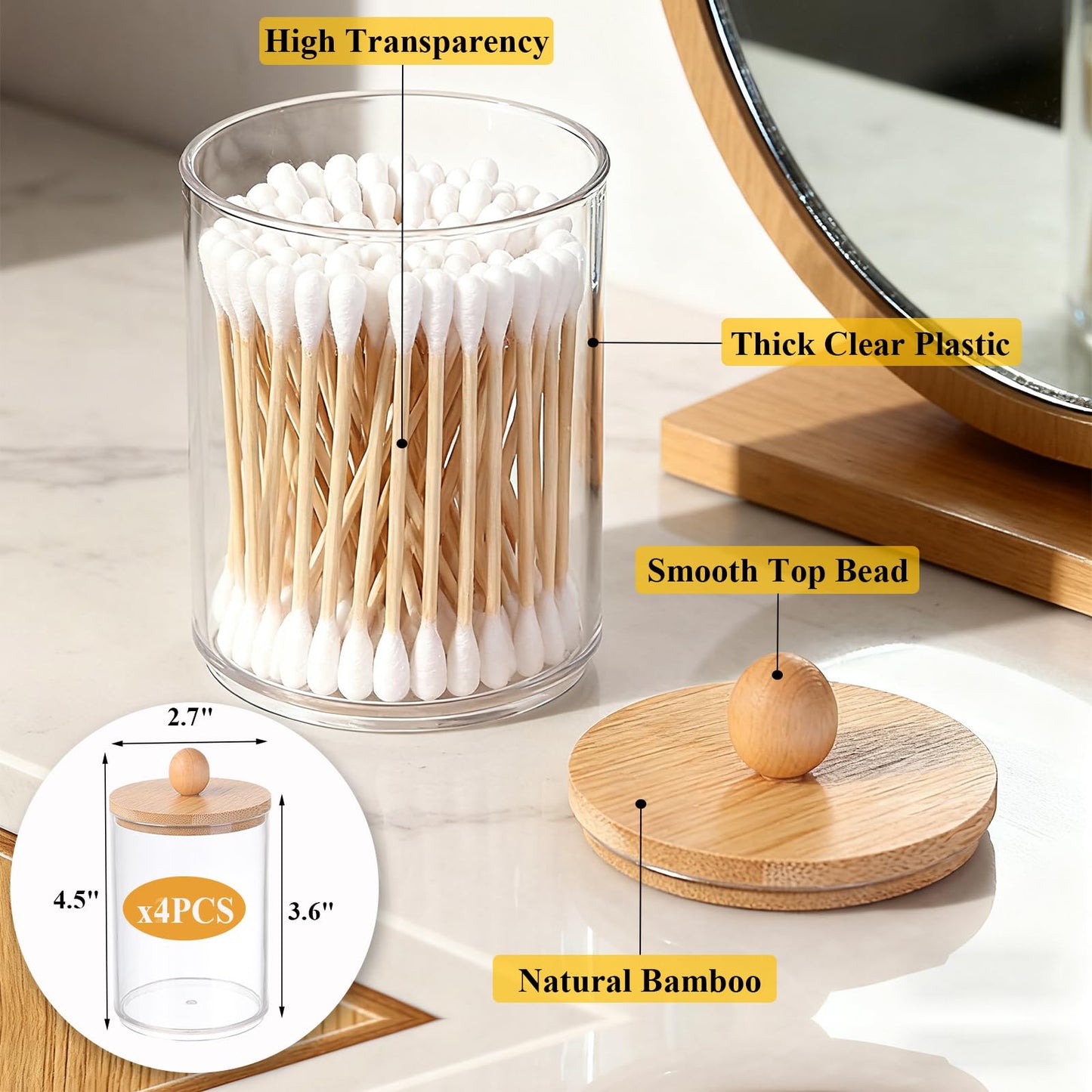 Qeosvve 6 Pack Clear Stackable Storage Drawers & Qtip Holder Dispenser with Bamboo Lids, Clear Plastic Storage Containers for Bathroom, Vanity, Undersink, Kitchen Cabinets, Pantry, Home Organization