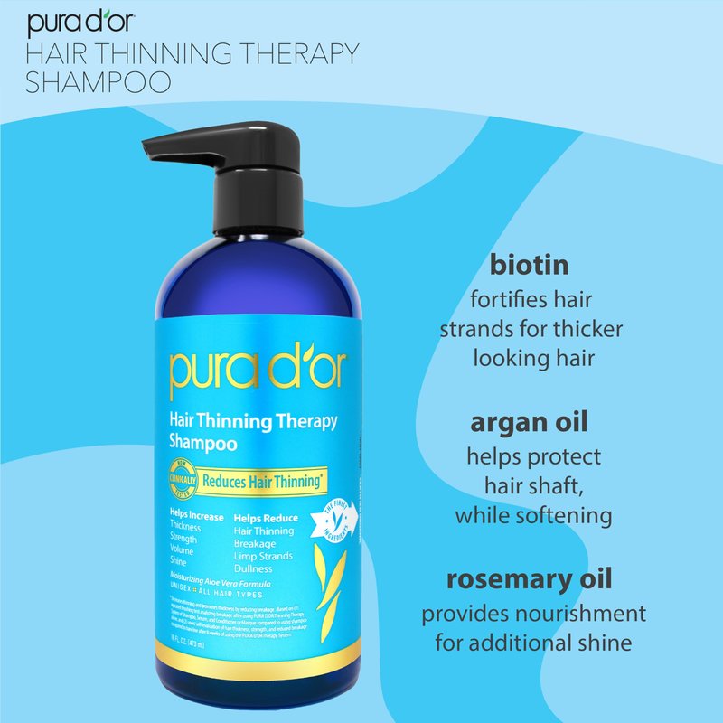 PURA D'OR Hair Thinning Therapy Biotin Shampoo - CLINICALLY TESTED Effective Results, Herbal Blend Hair Thickening Products For Women & Men, Color Safe Routine Shampoo, Herbal Scent 16 Fl Oz