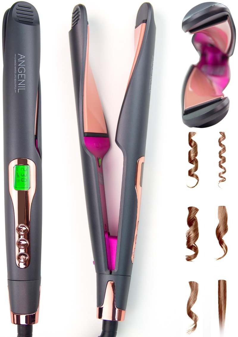 ANGENIL Pro Twist Ceramic Flat Iron 1 Inch, Dual Voltage Hair Straightener and Curler 2 in 1, Multi-Stylers Round Flat Iron Hair Curling Iron, Fast Heating LCD Display, 11 Adjustable Temp (250℉-450 ℉)