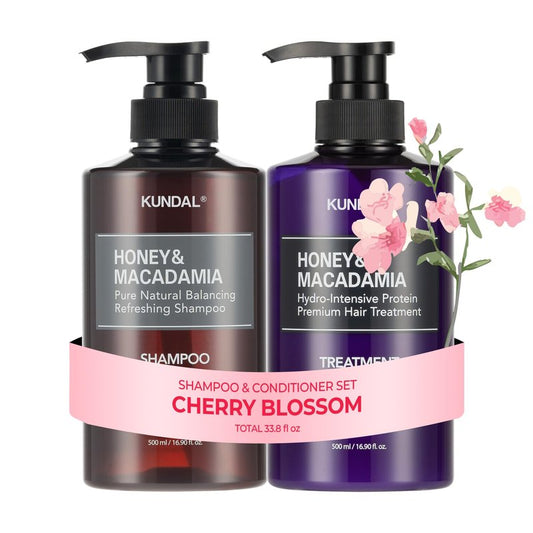 KUNDAL Honey & Macadamia Korean Hair Care Shampoo & Conditioner Set, Cherry Blossom, 16.9 Fl Oz, Pack of 2 - Salon Quality, Helps Hair Feel Moisturized, Argan Oil, Sulfate Free, Long Lasting Scent