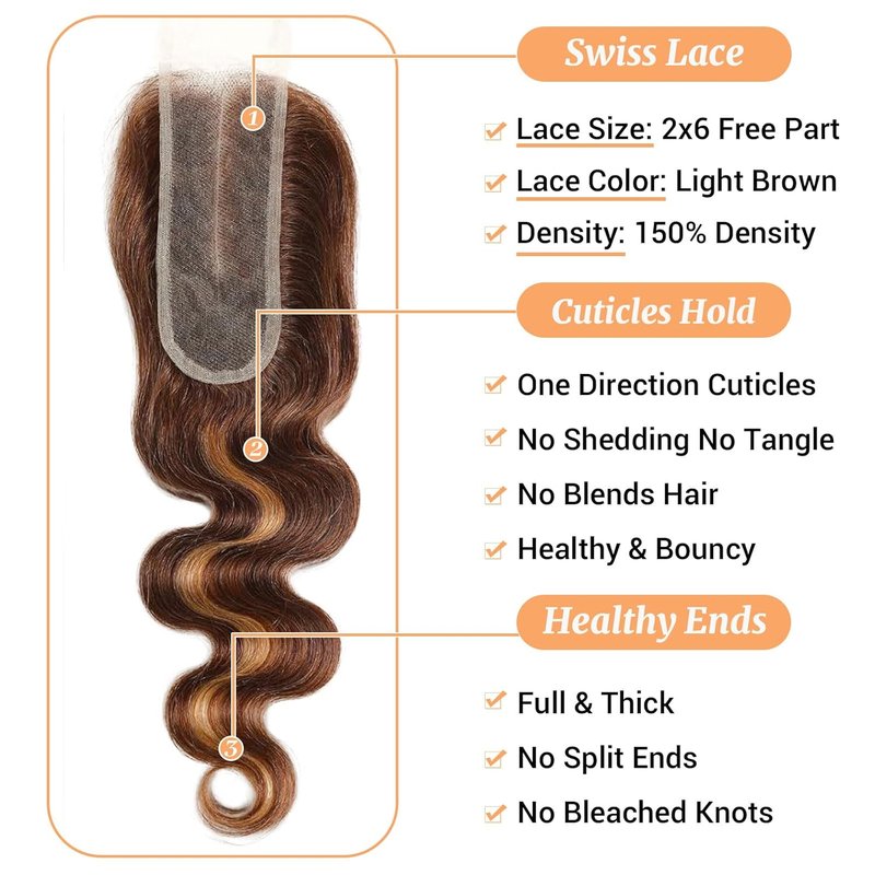 16 Inch HD Transparent Lace Body Wave Closure - 2x6 Brazilian Human Hair with Highlights & Baby Hair