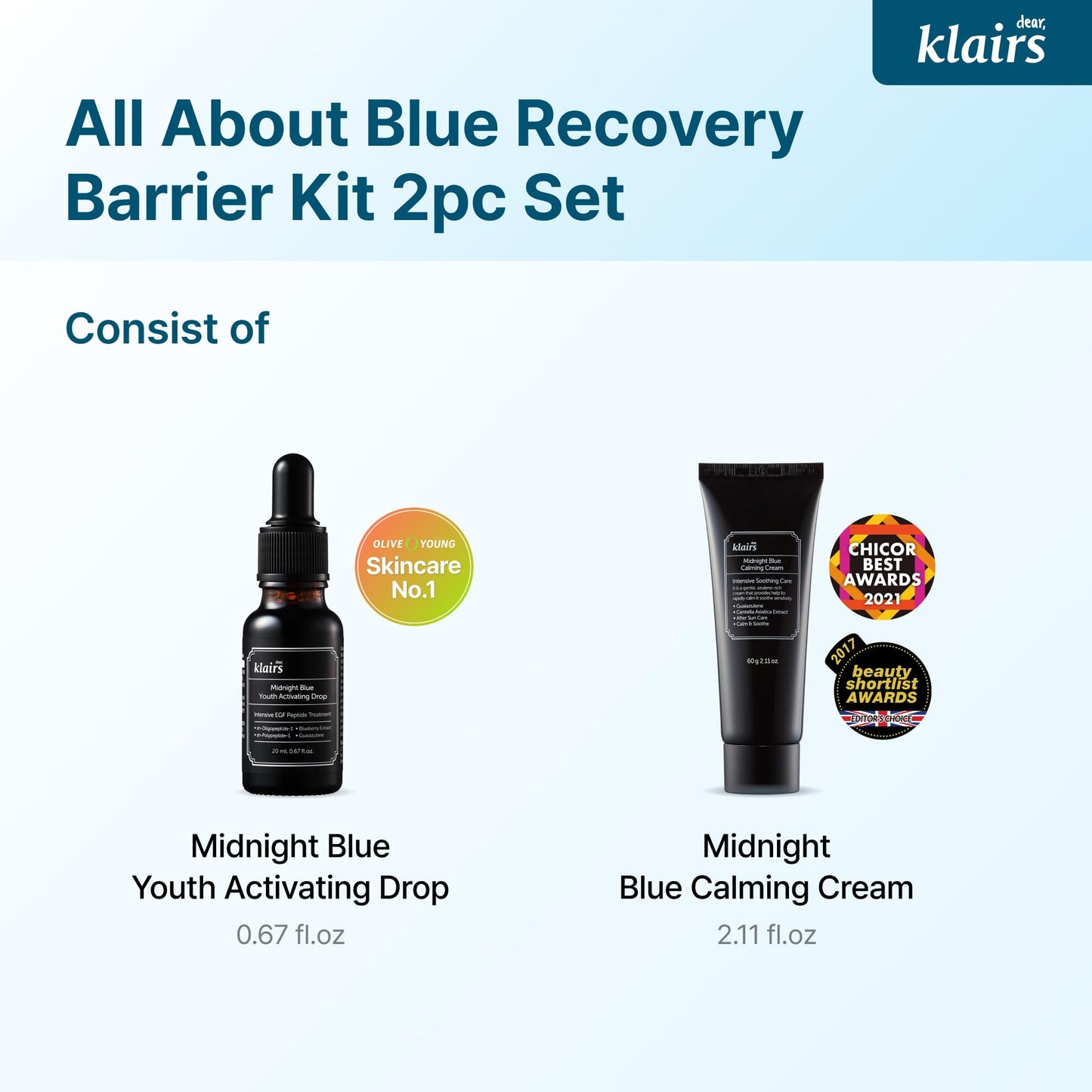 DearKlairs After-Sun Care Duo Kit, Midnight Blue Calming Cream + EGF Blue Drop Set, Soothing, Fast Absorbing, Light Texture for Easy Use, Sensitive Skin Friendly