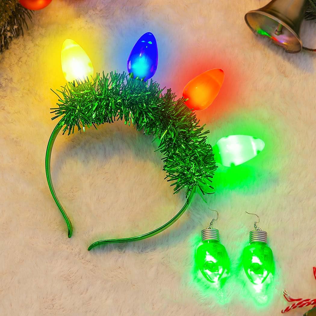 Sixexey Light Up Christmas Headbands LED Green Bulbs Headband for Women