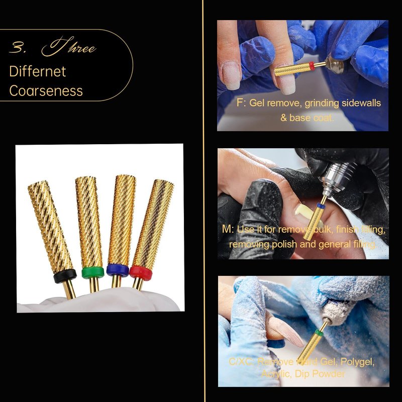 Nail Drill Bit, CORFULRA Super Long Barrel Nail Bit Carbide Tungsten Drill Bit for Nails, Upgrade Professional Advanced bit for Removing Acrylic Nails. Nail Tech Mush Haves (Gold, F)