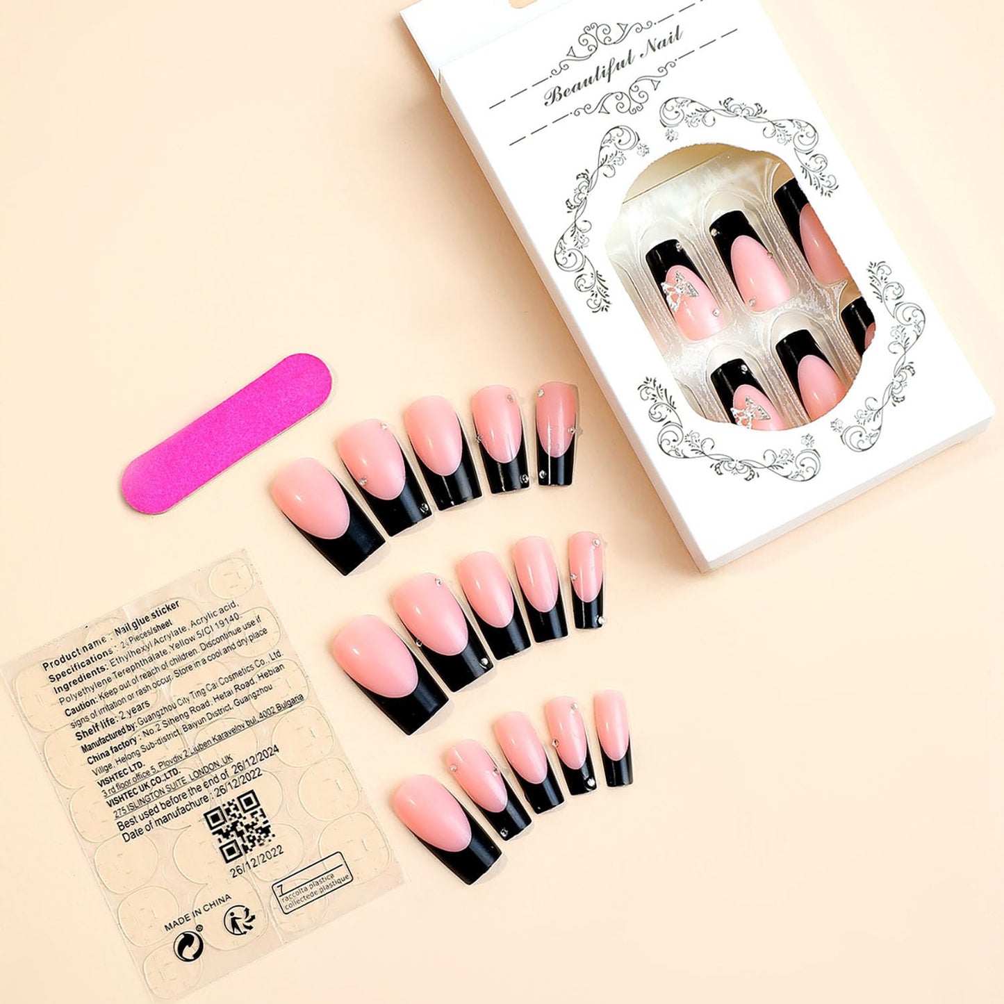 MABKJLF White French Tip Fake Nails - Square, Glossy Acrylic Nails with Butterfly Rhinestones Designs - 24 Pcs
