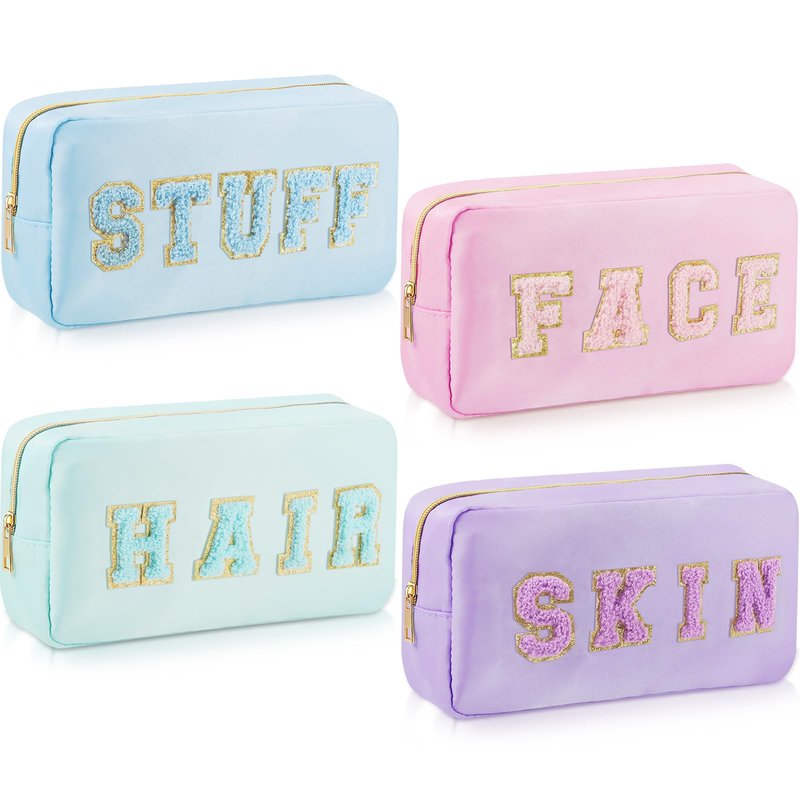 4 Pcs Travel Toiletry Bags for Women Preppy Makeup Bags Organizer Face Skin Hair Stuff Chenille Letter Pouch with Zipper Aesthetic Corduroy Skin care Hair Bag for Women Gifts