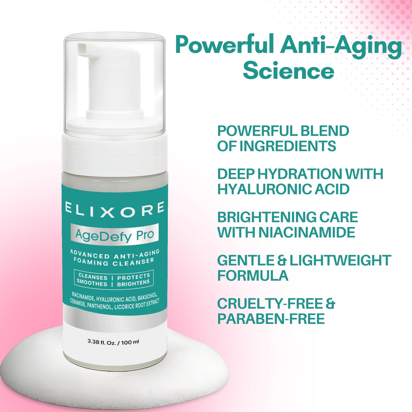 ELIXORE AgeDefy Pro Niacinamide Face Cleanser for Women | Daily Anti-Wrinkle & Calming Facial Wash with Aloe Vera & Green Tea | Removes Makeup & Oil, Deep Cleansing & Hydrating Face Wash (100ml)