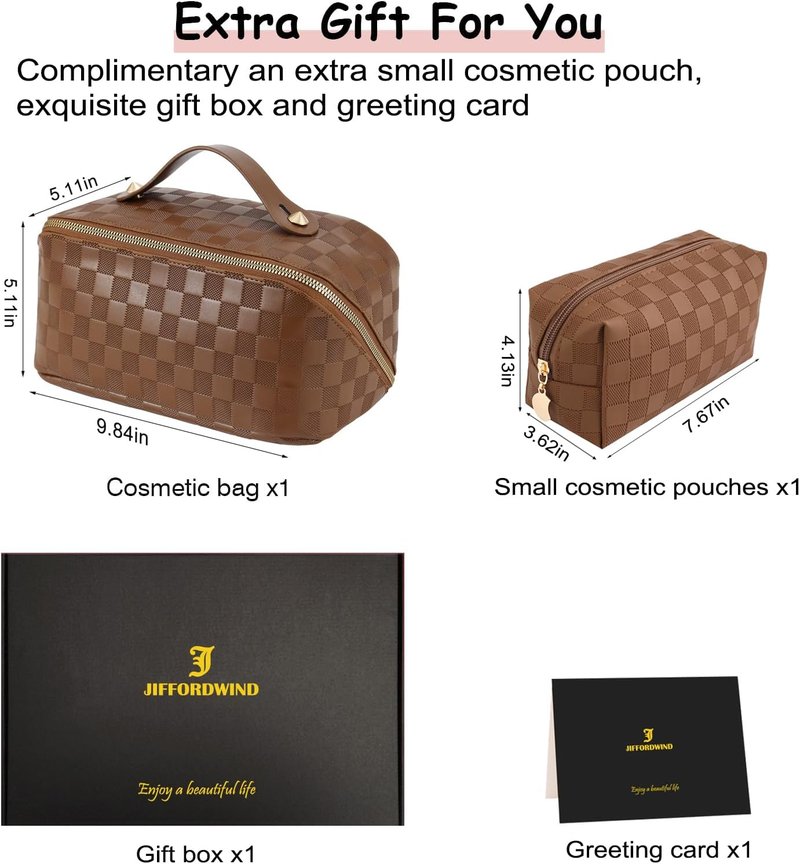Checkered Travel Makeup Bags | Large Capacity Waterproof Cosmetic Organizer Set - PU Leather with Handle & Divider (Brown)