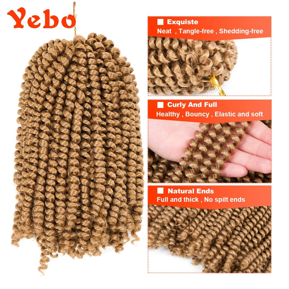Yebo 30 Strands Spring Twist Hair 4 Packs Spring Twist Crochet Braiding hair 8 Inches Ombre Colors Synthetic Hair Extensions 30 Strands/Pack, 110g/Pack(1B,8Inch)