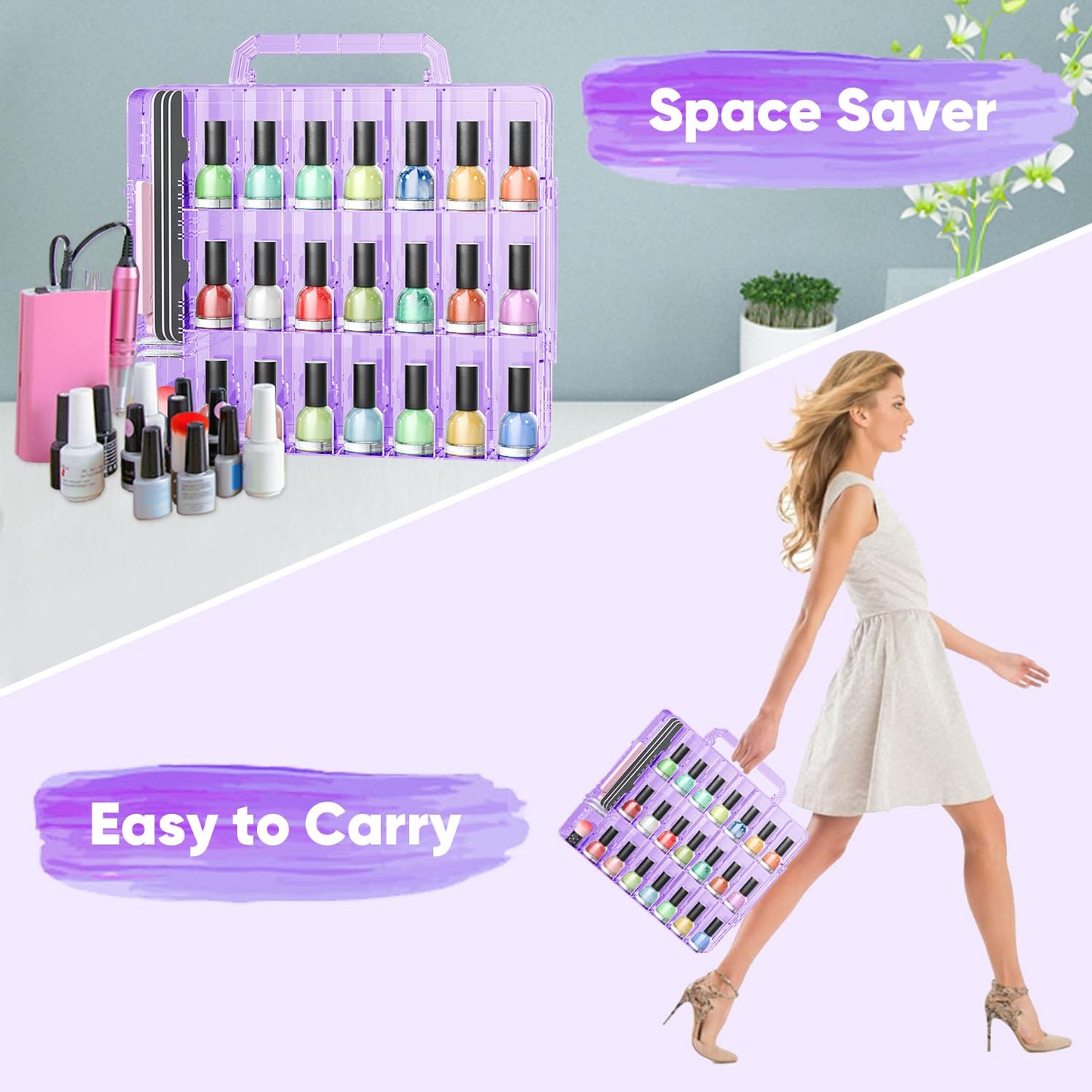 JIASHENG Nail Polish Organizer Case Holders, 48 Bottles Universal Nail Storage Box for Double Side Adjustable Space Divider for Acrylic Nail Gel Dip Powder Tips Set with Toe Separator, Purple