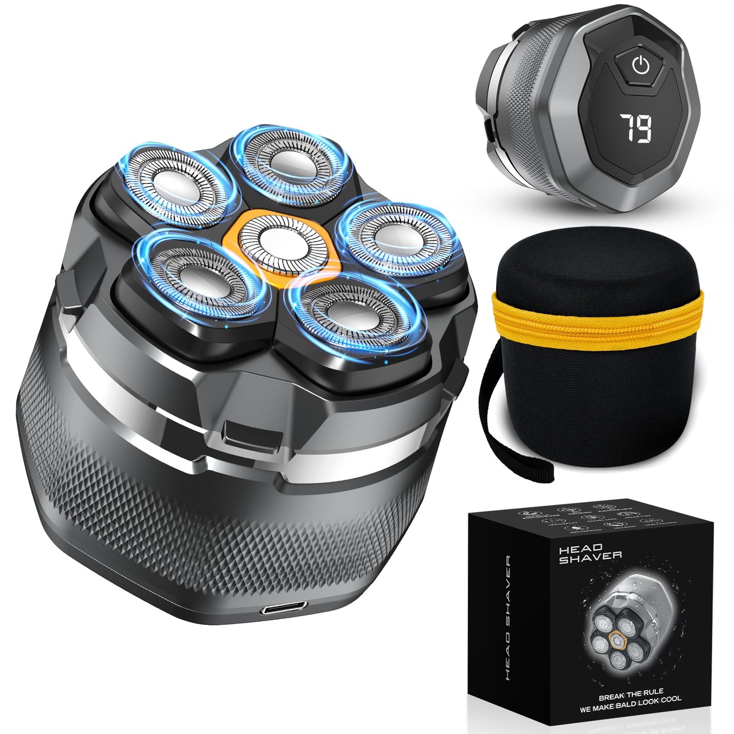 Head Shavers for Men, 2025 Upgraded 6D Flexible Head Shavers for Bald Men, IPX8 Waterproof, Wet/Dry Electric Shaver, Rotary Shaver with LED Display, USB-C Bald Razor with Travel Lock, Black&Grey