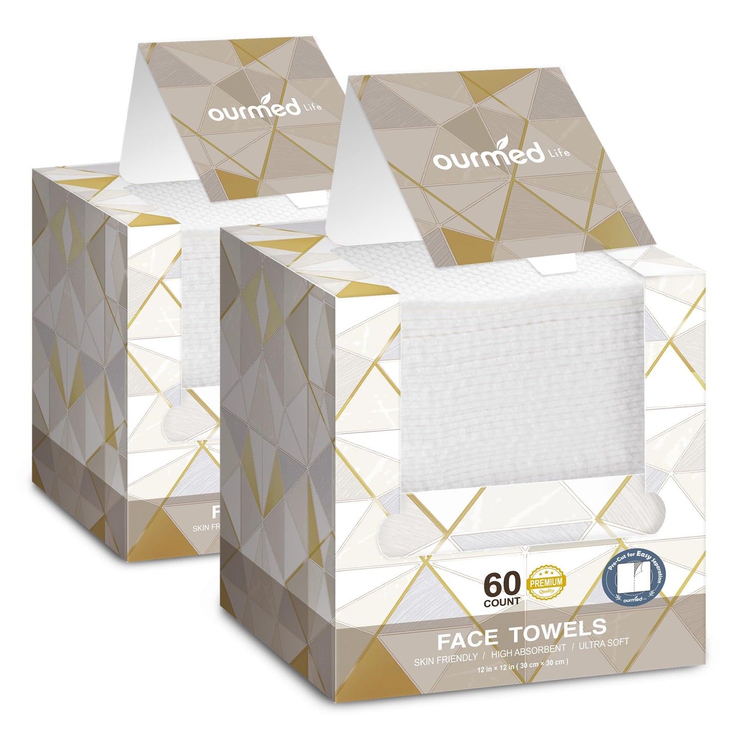 Ourmed Life Face Towels, Disposable Biodegradable Facial Towels for Sensitive Skin, Lint- free Face Wipes for Washing Face, Skincare and Makeup Remover, Dry Wipes, 12"×12" Extra Large(120 Ct,2 Pack)