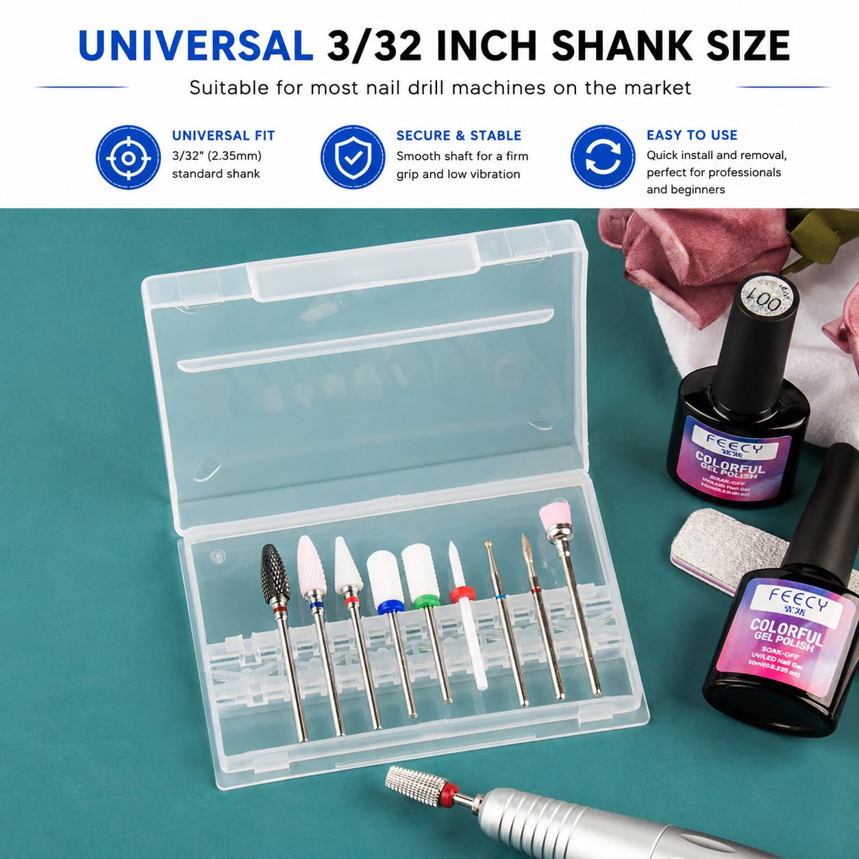 Ceramic Nail Drill Bits for Acrylic Nails 3/32 Diamond Tungsten 5 in 1 Carbide Nail Bits nail bit Included for both Left and Right Handed Efile Drill Machine 10 pcs (S10-E)