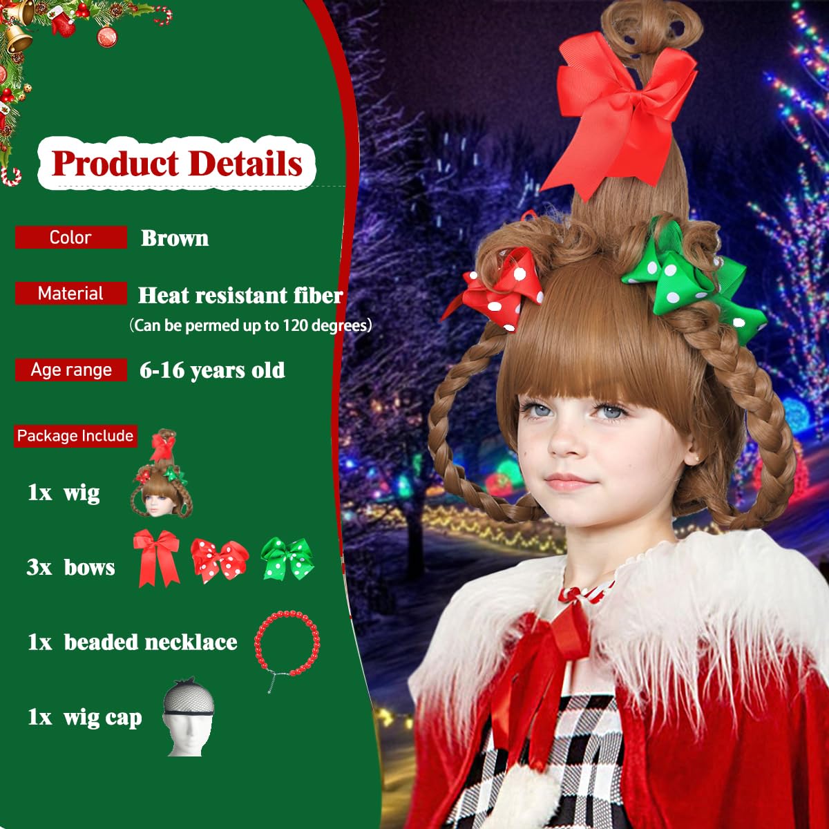 ColorGround Children's BLonde Braided Costume Wig with Red and Green Polka Dot Bows and Red Bead Necklace for Christmas Celebration Party(Blonde)