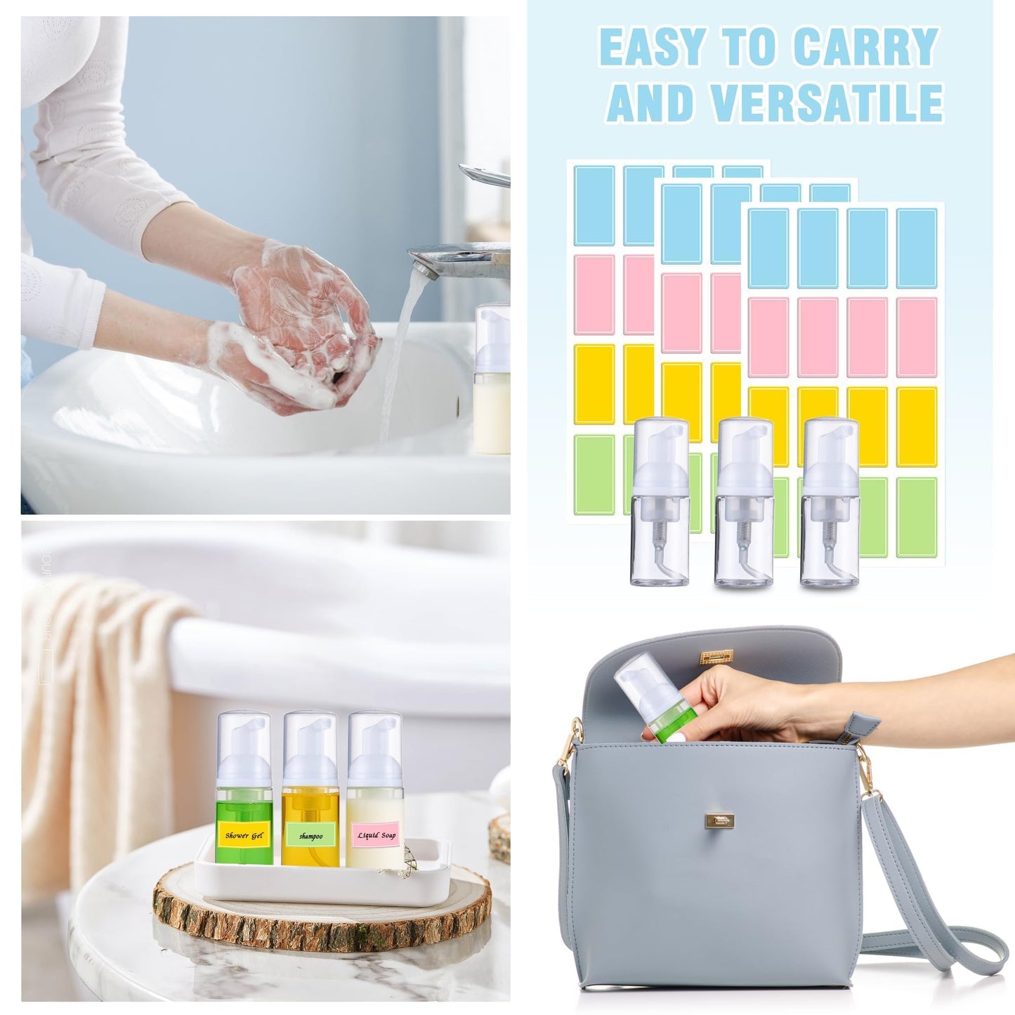 50 Pcs Foam Pump Bottle 1 oz Small Size Mousse Foam Soap Dispenser,Clear Plastic Empty Refillable Mini Foam Pump Bottle for Face Wash Shampoo Skin Care with 160 Labels（30 ml）
