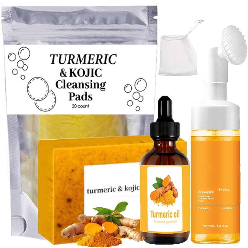 Turmeric Wash Set - Lemon Turmeric Kojic Soap, Cleansing Pads & Face Wash | Exfoliating Essential Oil