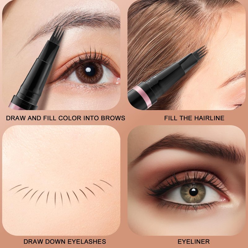 Eyebrow Pencil, 2-in-1 Waterproof Eyebrow Pen with 4 Tip Brow Pen and Ultra-Precise Brow Pencil, with Dual-ended Eyebrow Brush, Eyebrow Makeup for Natural Looking Eyebrows - Dark Brown