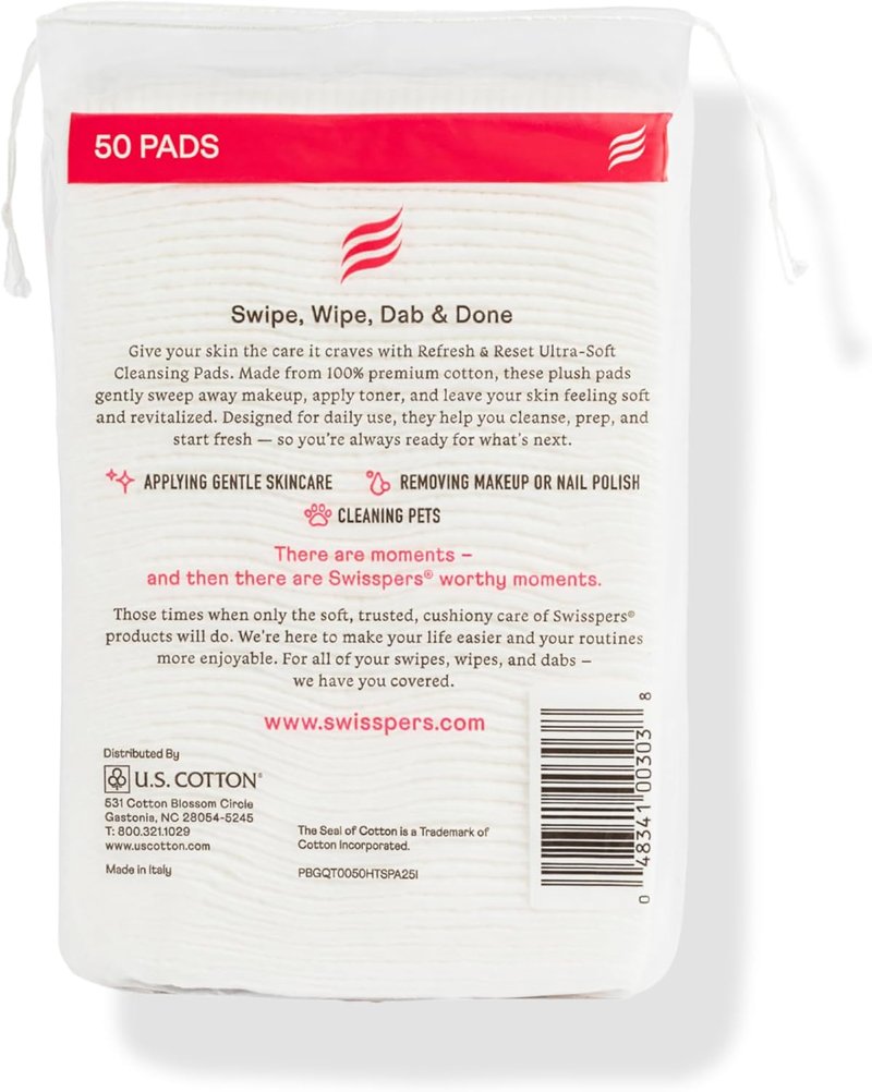 Swisspers Facial Cleansing Cotton Pads - Ultra-Soft Natural Fiber | Cruelty-Free Skincare Squares (50 Count, 3 Pack)
