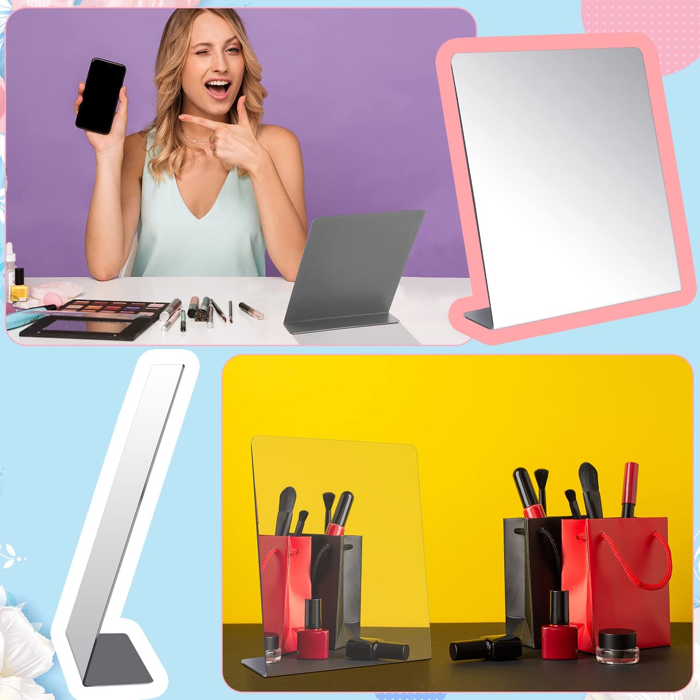 Amyhill 2 Pcs Counter Top Mirror Freestanding Table Desk Mirror Self Portrait Single Sided Acrylic Glass for Tabletop Desk Counter Bedroom Office Bathroom Home Dorm (12 x 18 Inch)