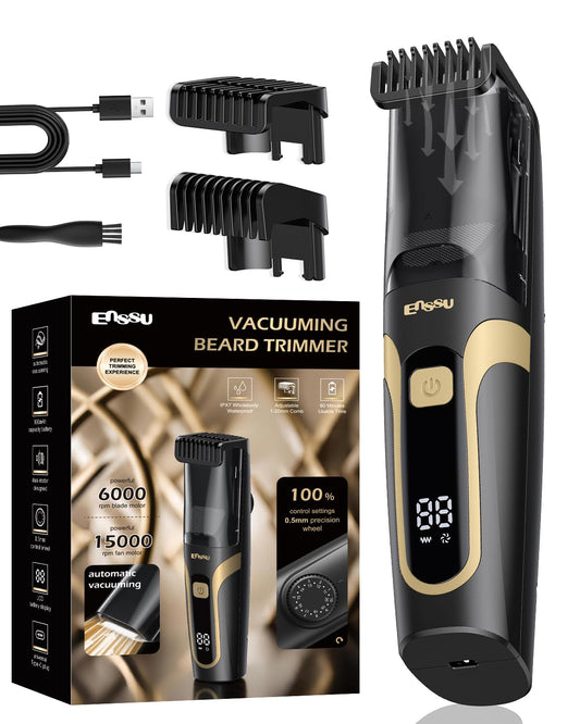 ENSSU Beard Trimmer for Men Vaccum, Rechargeable Electric Men Beard Trimmers with 2 Combs, 1-20mm Adjustable Length Dial, Waterproof Cordless Mustache Trimmer for Face, Stubble