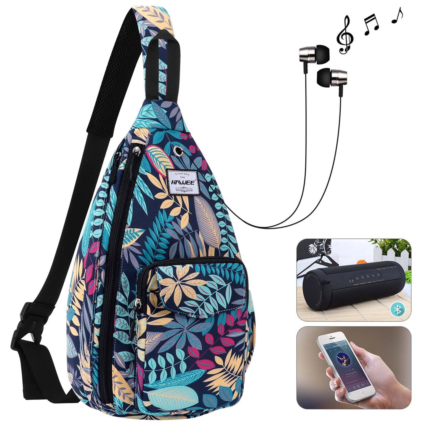 HAWEE Rope Sling Bag for Women Casual Cross Body Backpack Adjustable Anti-slip Strap/Bottle Pocket/Earphone Hole for Travel Hiking Sports, Blue Maple