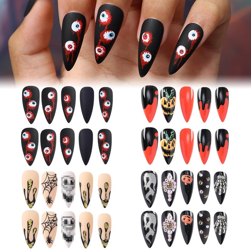 Artquee Halloween Press on Nails 4 Packs 96 Pcs Short Square False Tips with Pumpkin Haunted House Ghost Designs Reusable Fake Stick on Nails Kit for Women - 12 Sizes