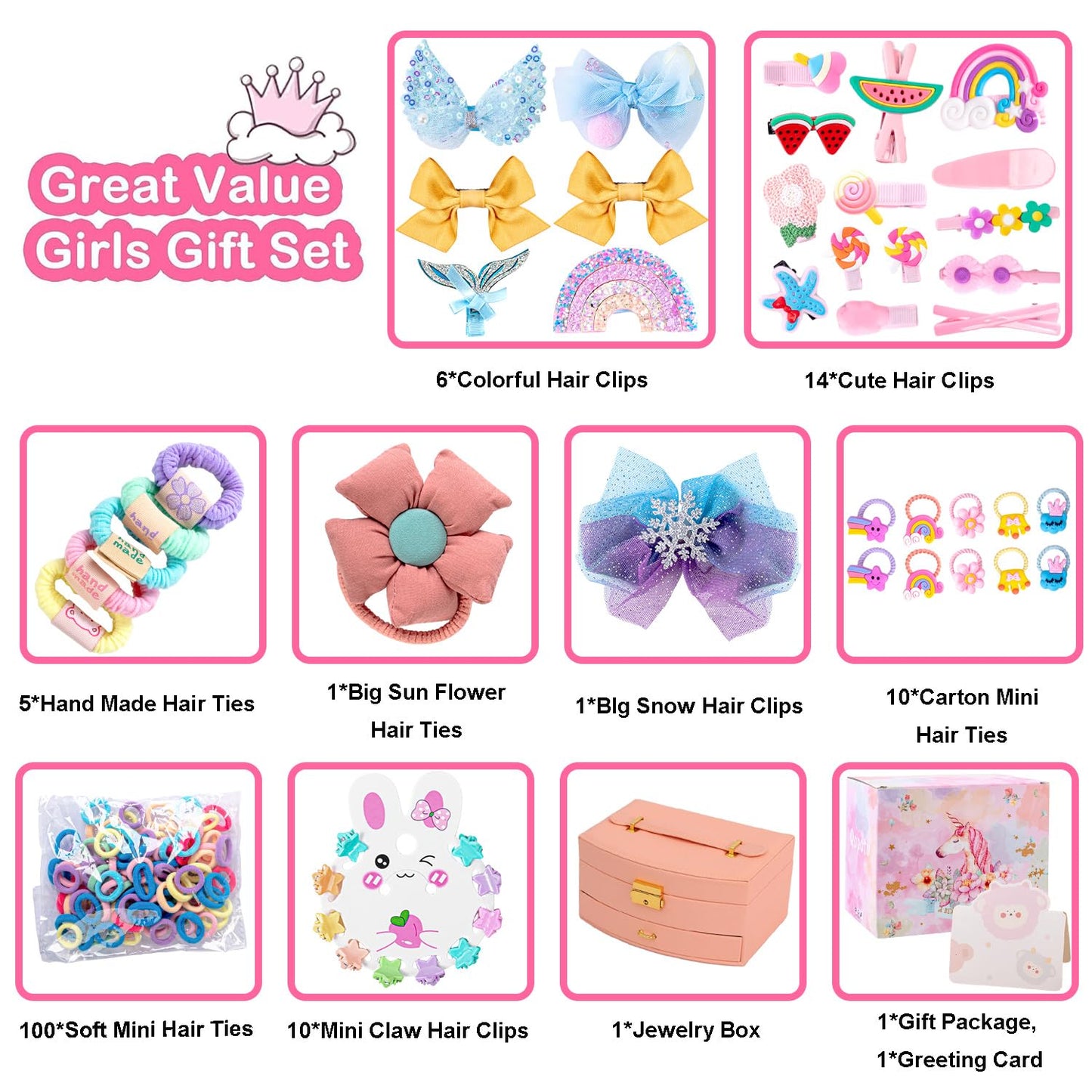 Qopoto Hair Accessories Kits for Girls, Hair Set for Girls Including Gift Box/Hair Clips/Hair Barrettes/Hair Ties/Hair Bows, Little Girls Teen Girl Birthday Gifts Age 4-15 (Pink with Case)